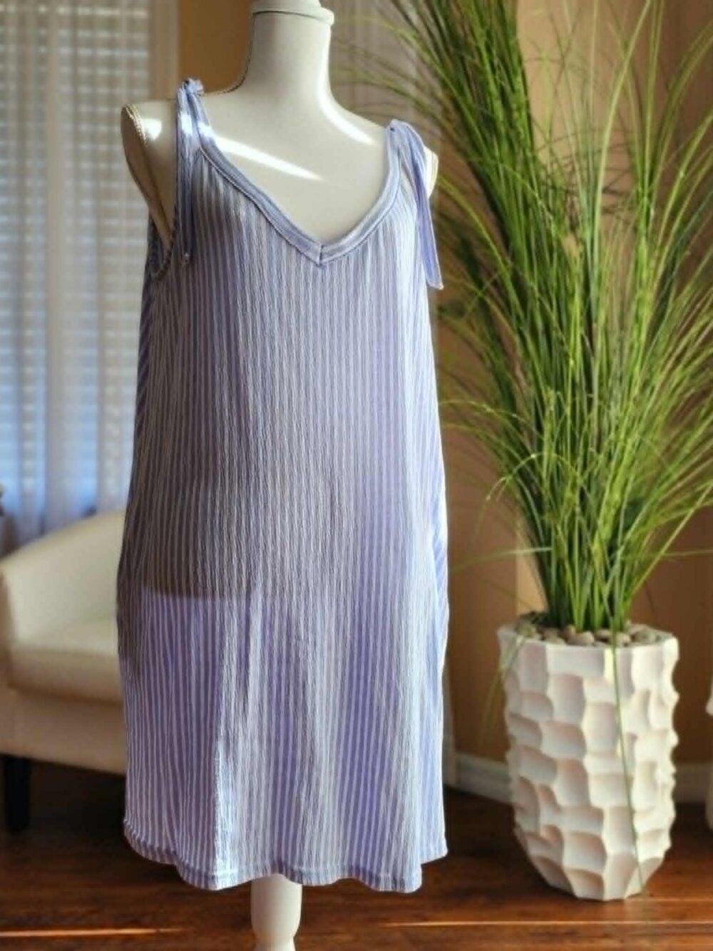 Laura Ashley Lavender White Ribbed Sleeveless Cover Up Dress Size M